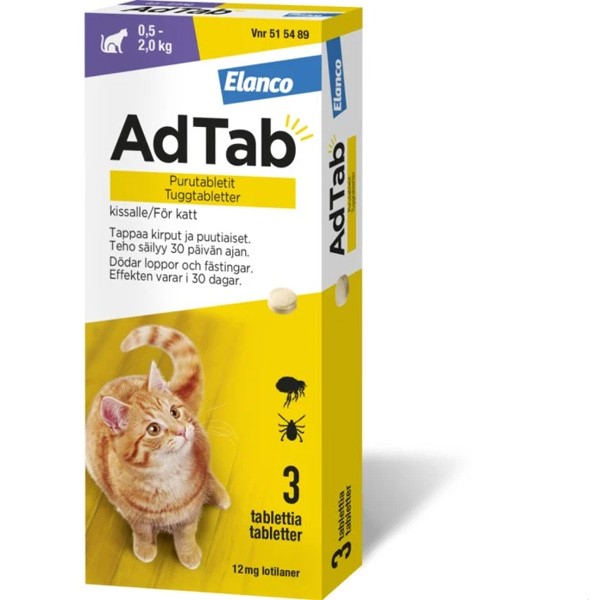 AdTab Tuggtablett 12 mg mot loppor och fästingar hos katt