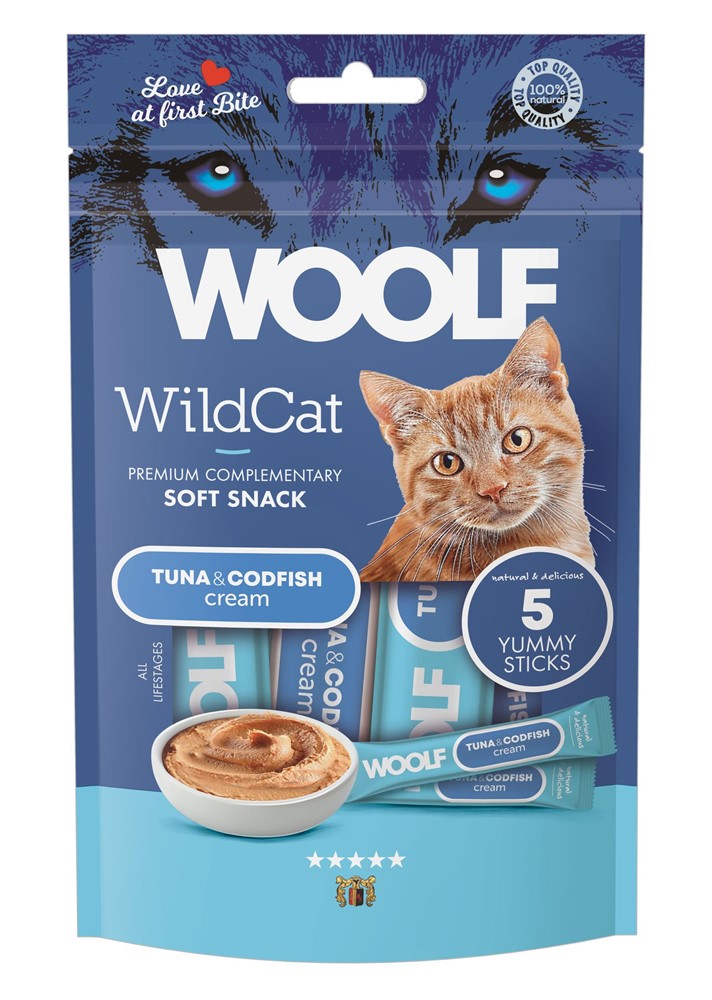 Kattgodis Woolf Wildcat Cream Tuna & Codfish 5x14 g